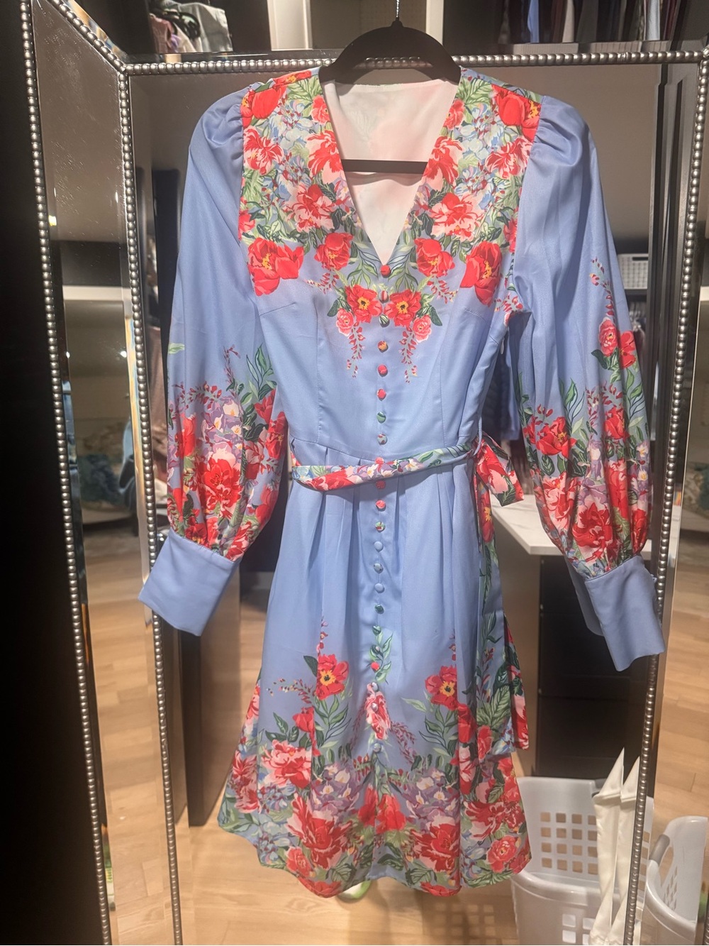 BURRYCO Light Blue Floral V-Neck Long Sleeve Midi Dress with Belt
